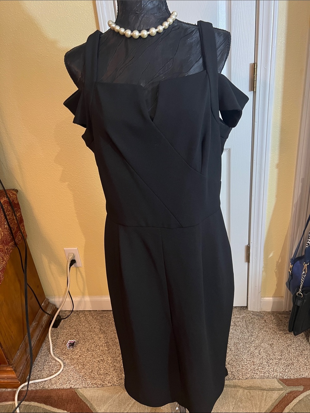 Tahari Black Cold-Shoulder Midi Dress
